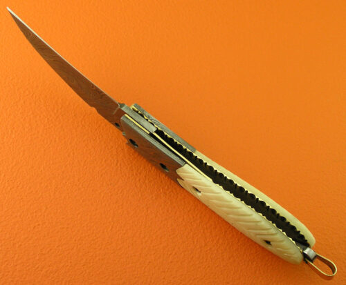Liner Lock Damascus Folding Knife Custom Handmade Damascus Steel Hunting Knife Best Damascus Folding Knife With Camel Bone Engraved Handle Leather Sheaths 1924 - Image 5