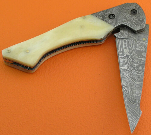 Liner Lock Damascus Folding Knife Custom Handmade Damascus Steel Hunting Knife Forged Damascus Folding Knife With Camel Bone Handle Leather Sheaths 1928 - Image 3