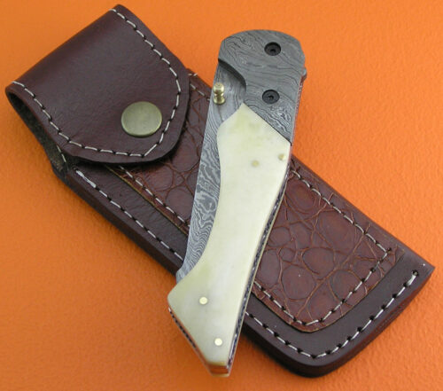 Liner Lock Damascus Folding Knife Custom Handmade Damascus Steel Hunting Knife Forged Damascus Folding Knife With Camel Bone Handle Leather Sheaths 1928 - Image 6