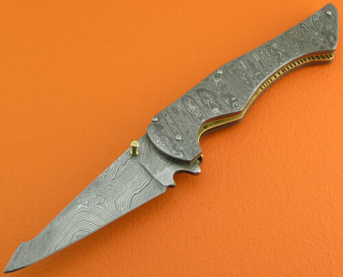 Full Damascus Folding Liner Lock Knife Custom Handmade Damascus Steel Hunting Knife Full Damascus Folding Knife With Leather Sheaths 1929