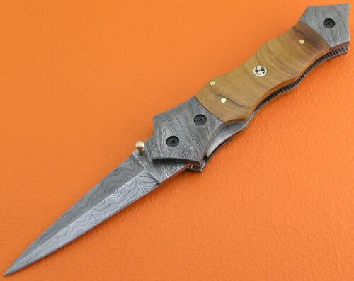 Liner Lock Damascus Folding Knife Custom Handmade Damascus Steel Hunting Knife Amazing Damascus Folding Knife With Olive Wood Handle Leather Sheaths 1933
