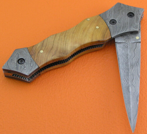 Liner Lock Damascus Folding Knife Custom Handmade Damascus Steel Hunting Knife Amazing Damascus Folding Knife With Olive Wood Handle Leather Sheaths 1933 - Image 3