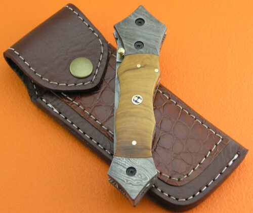 Liner Lock Damascus Folding Knife Custom Handmade Damascus Steel Hunting Knife Amazing Damascus Folding Knife With Olive Wood Handle Leather Sheaths 1933 - Image 6