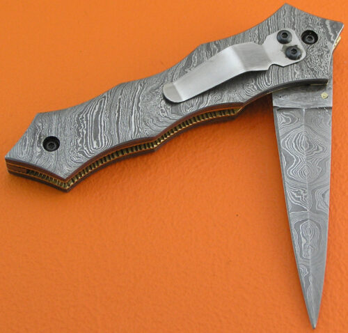 Full Damascus Folding Liner Lock Knife Custom Handmade Damascus Steel Hunting Knife Full Damascus Folding Knife Clip Belt Handle With Leather Sheaths 1934 - Image 3