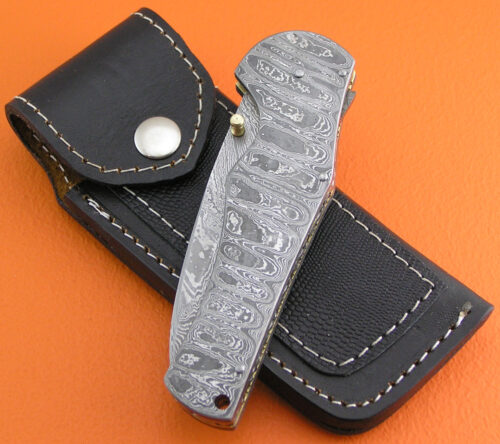Full Damascus Folding Liner Lock Knife Custom Handmade Damascus Steel Hunting Knife Best Full Damascus Folding Knife Belt Clip Handle With Leather Sheaths 1935 - Image 6
