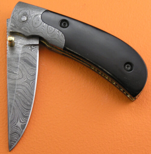 Liner Lock Damascus Folding Knife Custom Handmade Damascus Steel Hunting Knife Best Damascus Folding Knife With Buffalo Horn Handle Leather Sheaths 1940 - Image 3