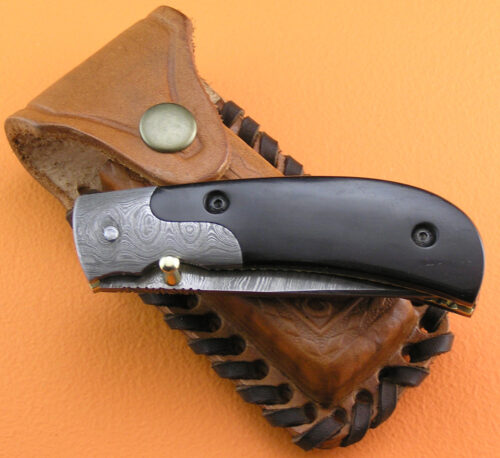Liner Lock Damascus Folding Knife Custom Handmade Damascus Steel Hunting Knife Best Damascus Folding Knife With Buffalo Horn Handle Leather Sheaths 1940 - Image 6
