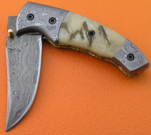 Damascus Folding Liner Lock Knife Custom Handmade Damascus Steel Hunting Knife With Ram Horn Handle Leather Sheaths 1942 - Image 3