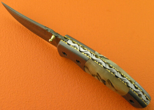 Damascus Folding Liner Lock Knife Custom Handmade Damascus Steel Hunting Knife With Ram Horn Handle Leather Sheaths 1942 - Image 4