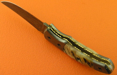 Damascus Folding Liner Lock Knife Custom Handmade Damascus Steel Hunting Knife With Ram Horn Handle Leather Sheaths 1942 - Image 5