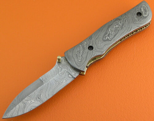 Full Damascus Folding Liner Lock Knife Custom Handmade Damascus Steel Hunting Knife With Leather Sheaths 1943