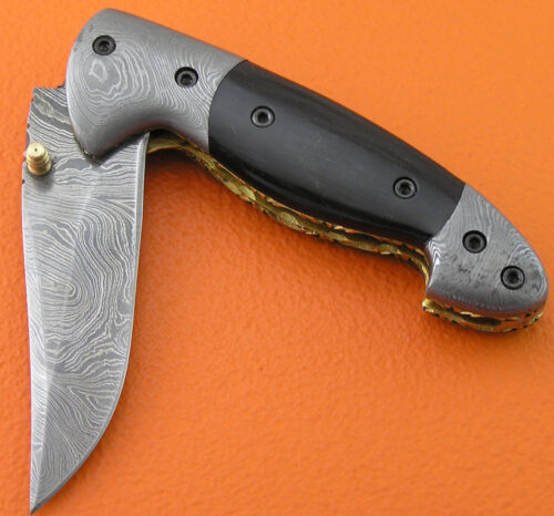 Damascus Folding Liner Lock Knife Custom Handmade Damascus Steel Hunting Knife With Buffalo Horn Handle Leather Sheaths 1944 - Image 3