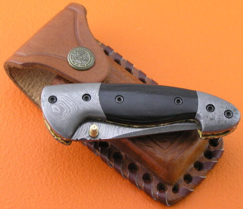 Damascus Folding Liner Lock Knife Custom Handmade Damascus Steel Hunting Knife With Buffalo Horn Handle Leather Sheaths 1944 - Image 6
