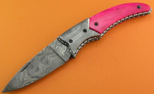 Custom Handmade Damascus Steel Hunting Knife New Damascus Folding No Lock Knife With Colored Camel Bone Handle Leather Sheaths 1948