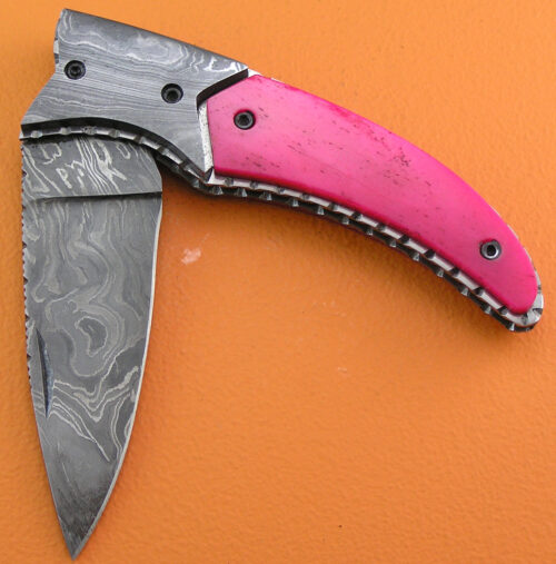 Custom Handmade Damascus Steel Hunting Knife New Damascus Folding No Lock Knife With Colored Camel Bone Handle Leather Sheaths 1948 - Image 3