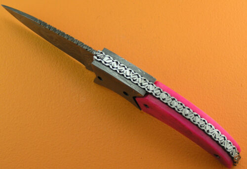 Custom Handmade Damascus Steel Hunting Knife New Damascus Folding No Lock Knife With Colored Camel Bone Handle Leather Sheaths 1948 - Image 4