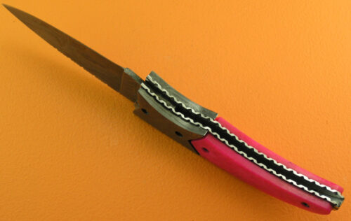 Custom Handmade Damascus Steel Hunting Knife New Damascus Folding No Lock Knife With Colored Camel Bone Handle Leather Sheaths 1948 - Image 5