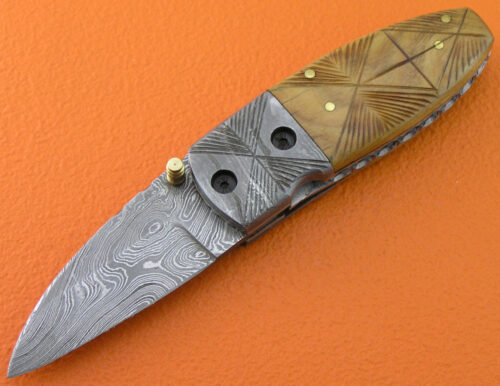 Mini Damascus Folding Liner Lock Knife Custom Handmade Damascus Steel Hunting Knife With Olive Wood Handle Leather Sheaths 1954