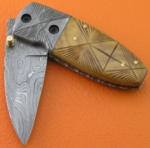 Mini Damascus Folding Liner Lock Knife Custom Handmade Damascus Steel Hunting Knife With Olive Wood Handle Leather Sheaths 1954 - Image 3