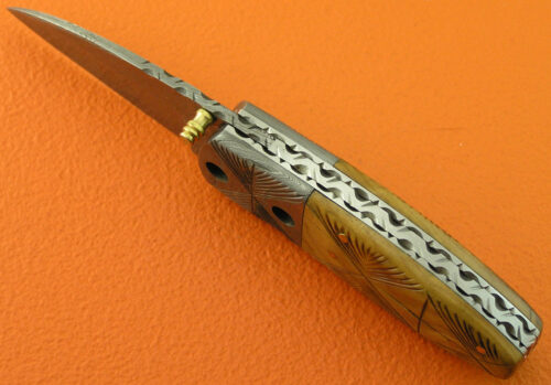 Mini Damascus Folding Liner Lock Knife Custom Handmade Damascus Steel Hunting Knife With Olive Wood Handle Leather Sheaths 1954 - Image 4