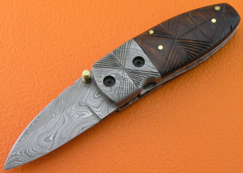 Mini Damascus Folding Liner Lock Knife Custom Handmade Damascus Steel Hunting Knife With Walnut Wood Handle Leather Sheaths 1955
