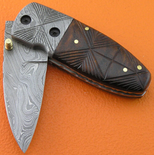 Mini Damascus Folding Liner Lock Knife Custom Handmade Damascus Steel Hunting Knife With Walnut Wood Handle Leather Sheaths 1955 - Image 3