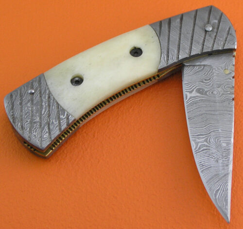 Damascus Folding Liner Lock Knife Custom Handmade Damascus Steel Hunting Knife With Camel Bone Handle Leather Sheaths 1957 - Image 3