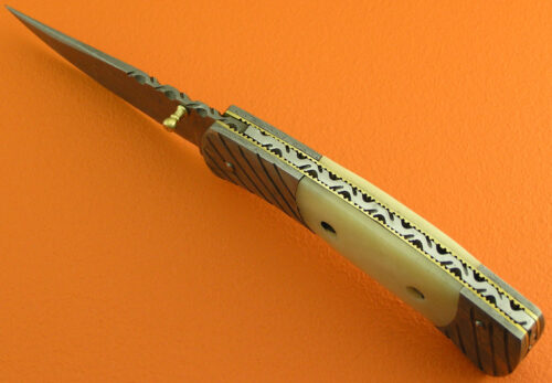 Damascus Folding Liner Lock Knife Custom Handmade Damascus Steel Hunting Knife With Camel Bone Handle Leather Sheaths 1957 - Image 4