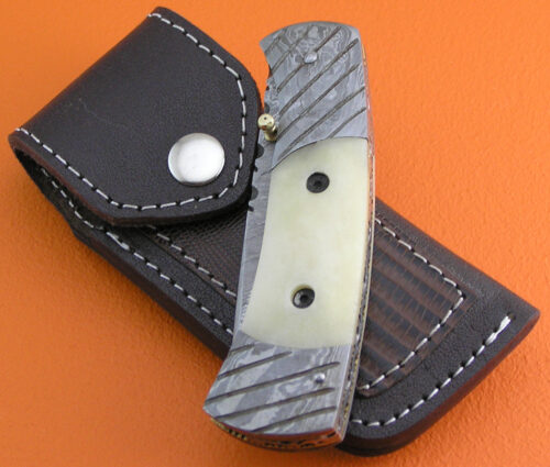 Damascus Folding Liner Lock Knife Custom Handmade Damascus Steel Hunting Knife With Camel Bone Handle Leather Sheaths 1957 - Image 6