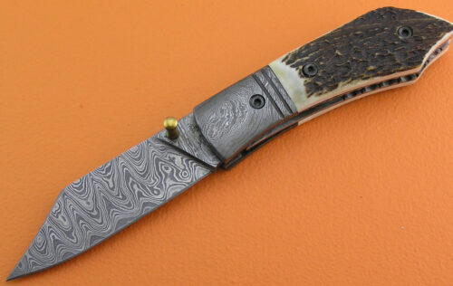 Custom Handmade Damascus Steel Hunting Knife New Damascus Folding Liner Lock Knife With Stag Handle Leather Sheaths 1958