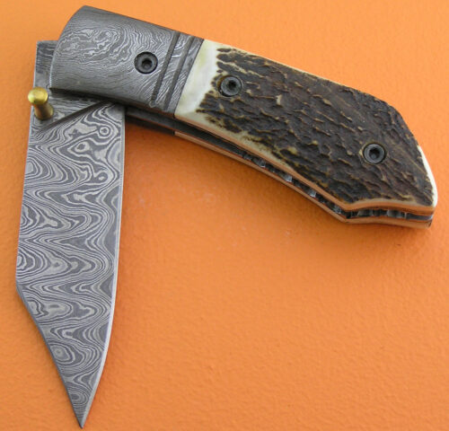 Custom Handmade Damascus Steel Hunting Knife New Damascus Folding Liner Lock Knife With Stag Handle Leather Sheaths 1958 - Image 3