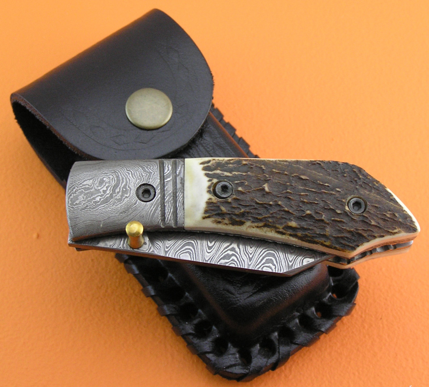 7 Handmade Forged Damascus Pocket Folding Knife - Stag Antler Handle