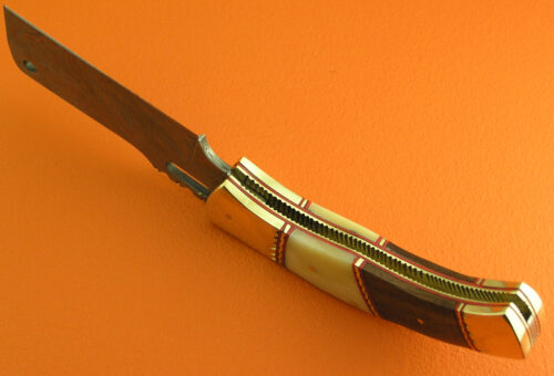 Custom Handmade Damascus Steel Hunting Knife New Damascus Folding No Lock Knife With Camel Bone & Rose Wood Handle Leather Sheaths 1960 - Image 5