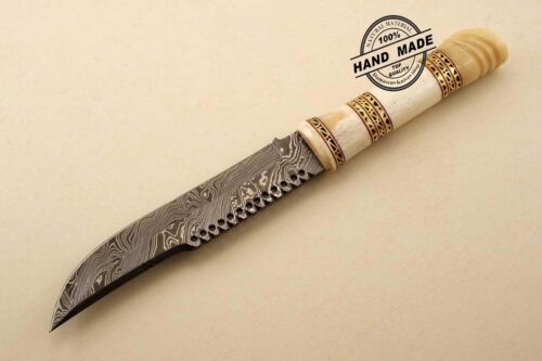 Amazing Damascus Bowie Knife Custom Handmade Damascus Steel Hunting Knife Beautiful Damascus Bowie Knife With Camel Bone Great File-worked Handle Leather Sheaths 1507 - Image 6