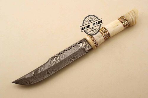 Amazing Damascus Bowie Knife Custom Handmade Damascus Steel Hunting Knife Beautiful Damascus Bowie Knife With Camel Bone Great File-worked Handle Leather Sheaths 1507