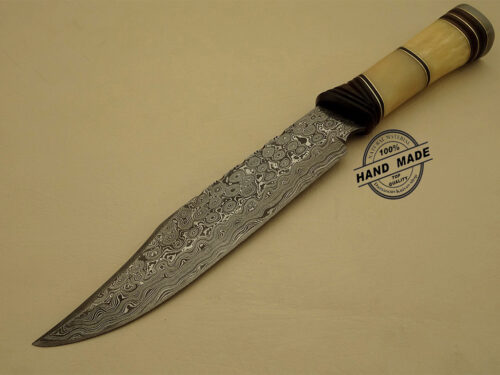 Amazing Damascus Bowie Knife Custom Handmade Damascus Steel Fabulous Hunting Knife Damascus Bowie Knife With Horn & Camel Bone Handle Leather Sheaths 1147