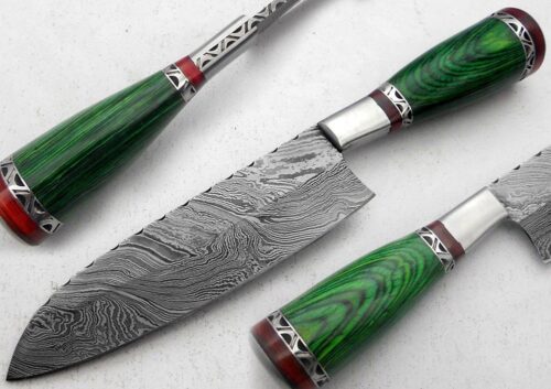 Damascus Kitchen Chef's Knife Custom Handmade Damascus Steel Kitchen Chef's Knife With Colored Wood Handle Free Leather Sheaths 1210
