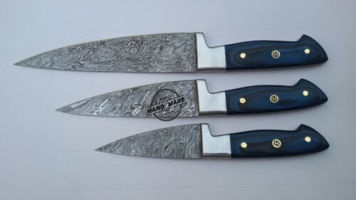 Lot Of 3 PCs Damascus Kitchen Chef's Knife Custom Handmade Damascus Steel Kitchen Professional Chef’s Knife With Colored Wood Handle Leather Sheaths 1566 - Image 3