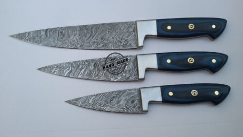 Lot Of 3 PCs Damascus Kitchen Chef's Knife Custom Handmade Damascus Steel Kitchen Professional Chef’s Knife With Colored Wood Handle Leather Sheaths 1566
