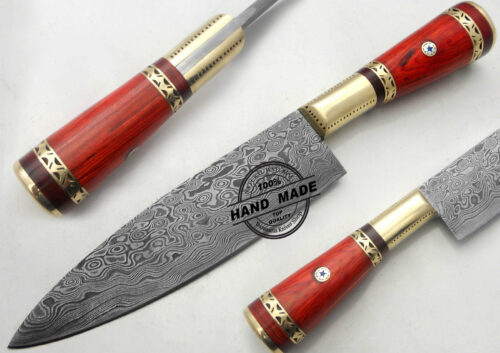 New Damascus Kitchen Knife Custom Handmade Damascus Steel Kitchen Chef's Knife With Red Wood Handle Leather Sheaths 1564