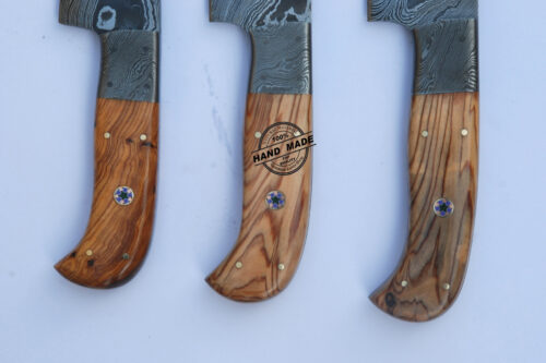 Lot Of 3 PCs Professional Chef Knife Custom Handmade Damascus Steel Kitchen Chef's Knife With Olive Wood Handle Leather Sheaths 1565 - Image 3