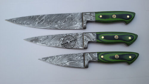 Lot Of 3 PCs Damascus Kitchen Chef’s Knife Custom Handmade Damascus Steel Kitchen Professional Chef’s Knife With Colored Wood Handle Leather Sheaths 1568