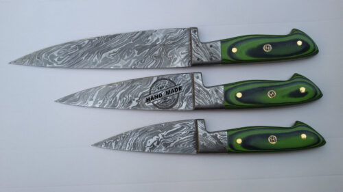Lot Of 3 PCs Damascus Kitchen Chef’s Knife Custom Handmade Damascus Steel Kitchen Professional Chef’s Knife With Colored Wood Handle Leather Sheaths 1568 - Image 3
