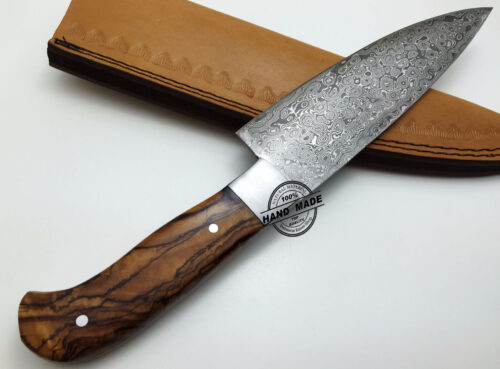 Regular Damascus Kitchen Knife Custom Handmade Damascus Steel Kitchen Chefs Knife With Rose Wood Handle Leather Sheaths 1569 - Image 3
