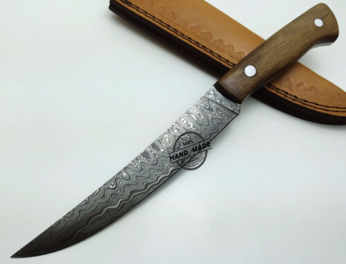 Damascus Kitchen Knife Custom Handmade Damascus Steel Kitchen Chefs Knife With Rose Wood Handle Leather Sheaths 1570