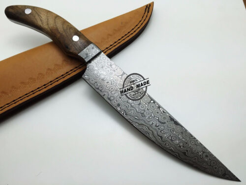 Damascus Kitchen Knife Custom Handmade Damascus Steel Kitchen Chefs Knife With Rose Wood Handle Leather Sheaths 1572
