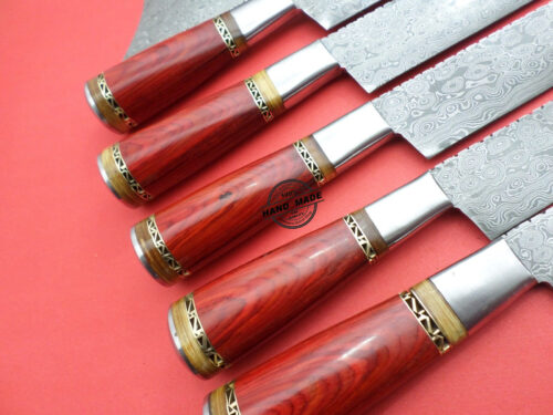 Lot Of 6 PCs Damascus Kitchen Chef Knives Custom Handmade Damascus Steel Kitchen Professional Chef’s Knives With Dollar Wood Handle Leather Sheaths 1573 - Image 6