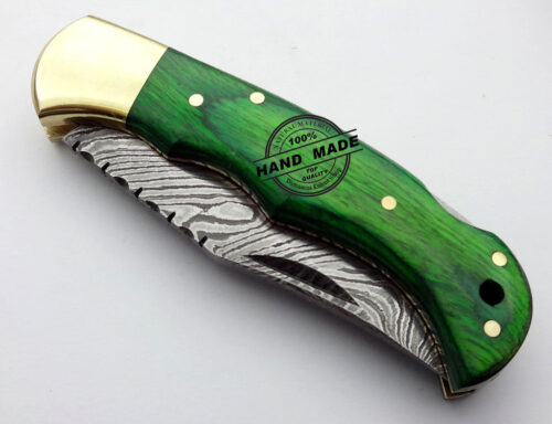 Back Lock Damascus Folding Knife Custom Handmade Damascus Steel Hunting Knife Damascus Folding Knife With Colored Wood Handle Leather Sheaths 1576 - Image 3