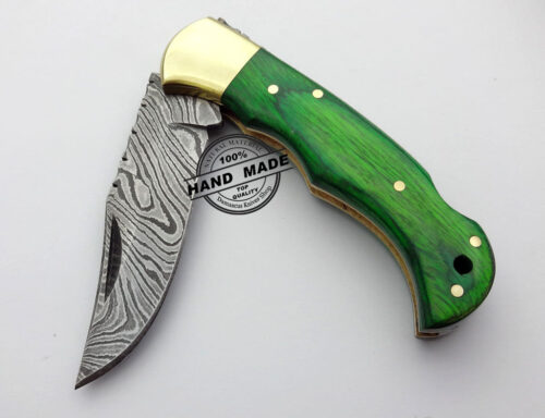 Back Lock Damascus Folding Knife Custom Handmade Damascus Steel Hunting Knife Damascus Folding Knife With Colored Wood Handle Leather Sheaths 1576 - Image 4