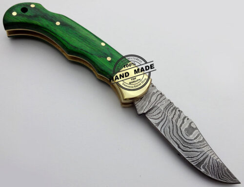 Back Lock Damascus Folding Knife Custom Handmade Damascus Steel Hunting Knife Damascus Folding Knife With Colored Wood Handle Leather Sheaths 1576